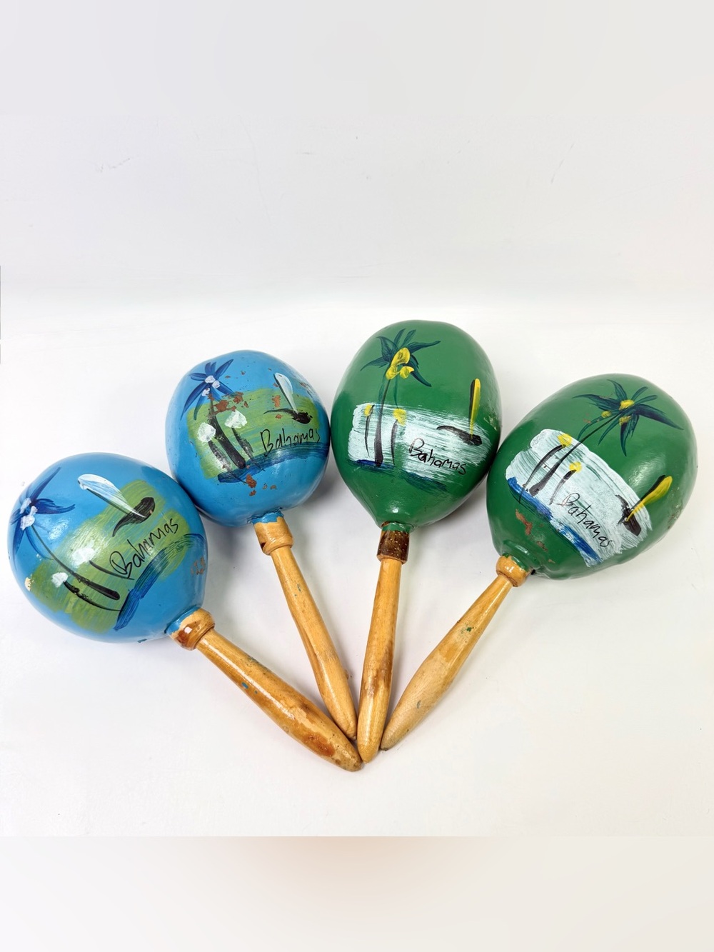 Lot of 4 Vintage Bahamas Hand Painted Gourd Maracas Shakers Wood Handles